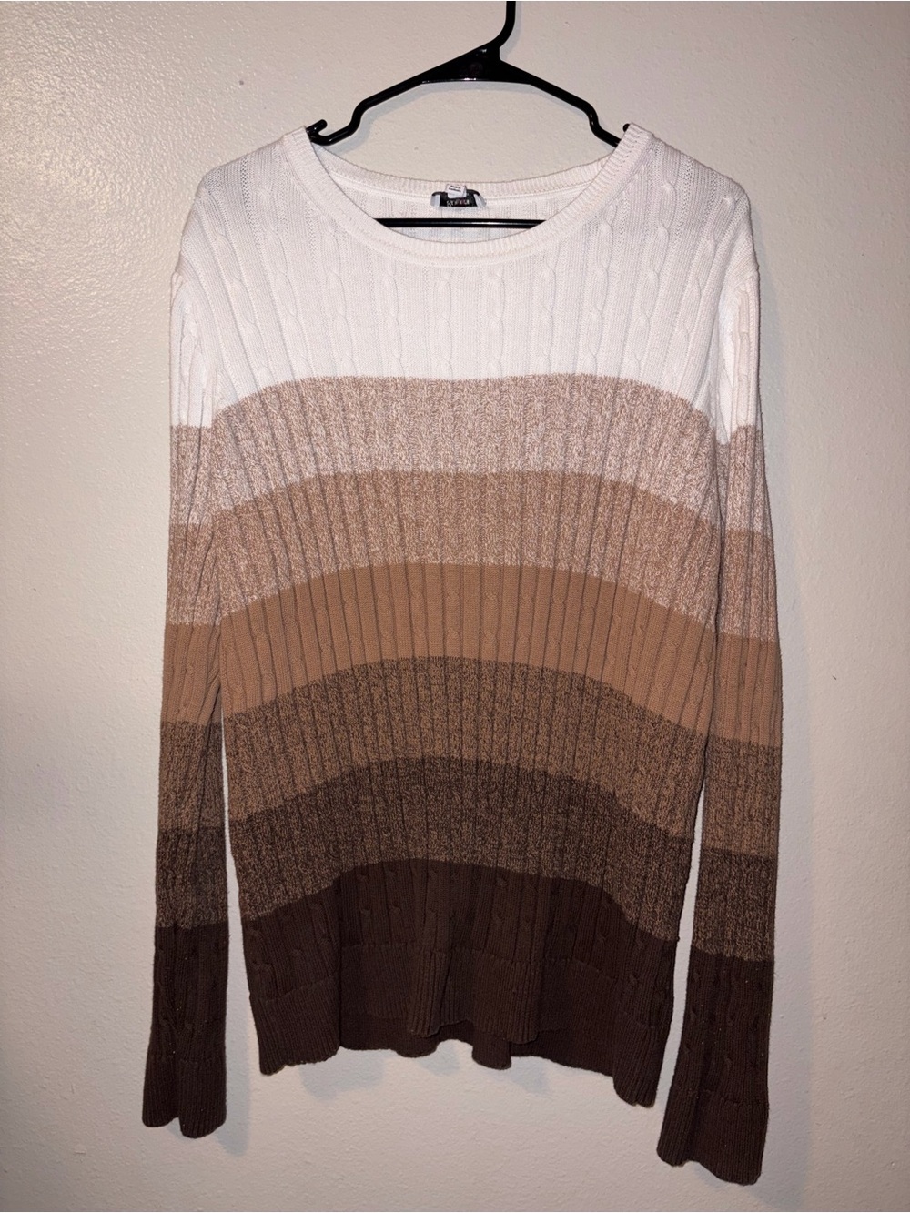 Kim Rogers Striped Cable-Knit Crew Sweater in White and Brown Tones